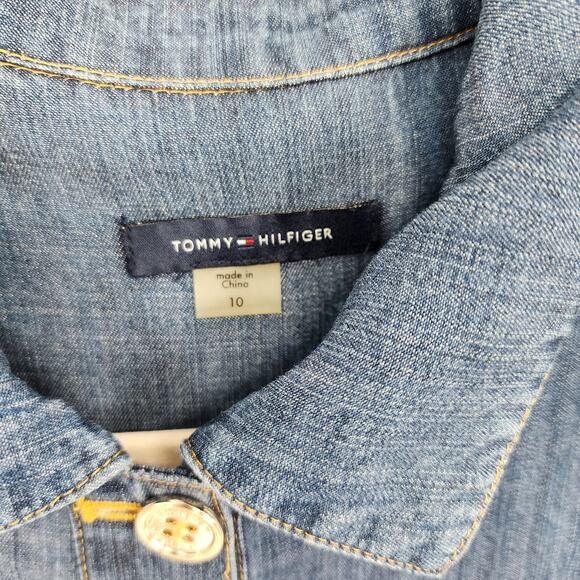 Tommy Hilfiger Chambray Shirt Dress 10 Short Collared Button Front Med Wash Blue - Picture 3 of 11
